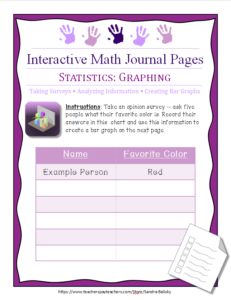 interactive math journal page for preschool, kindergarten, and first grade -- taking surveys and making bar graphs
