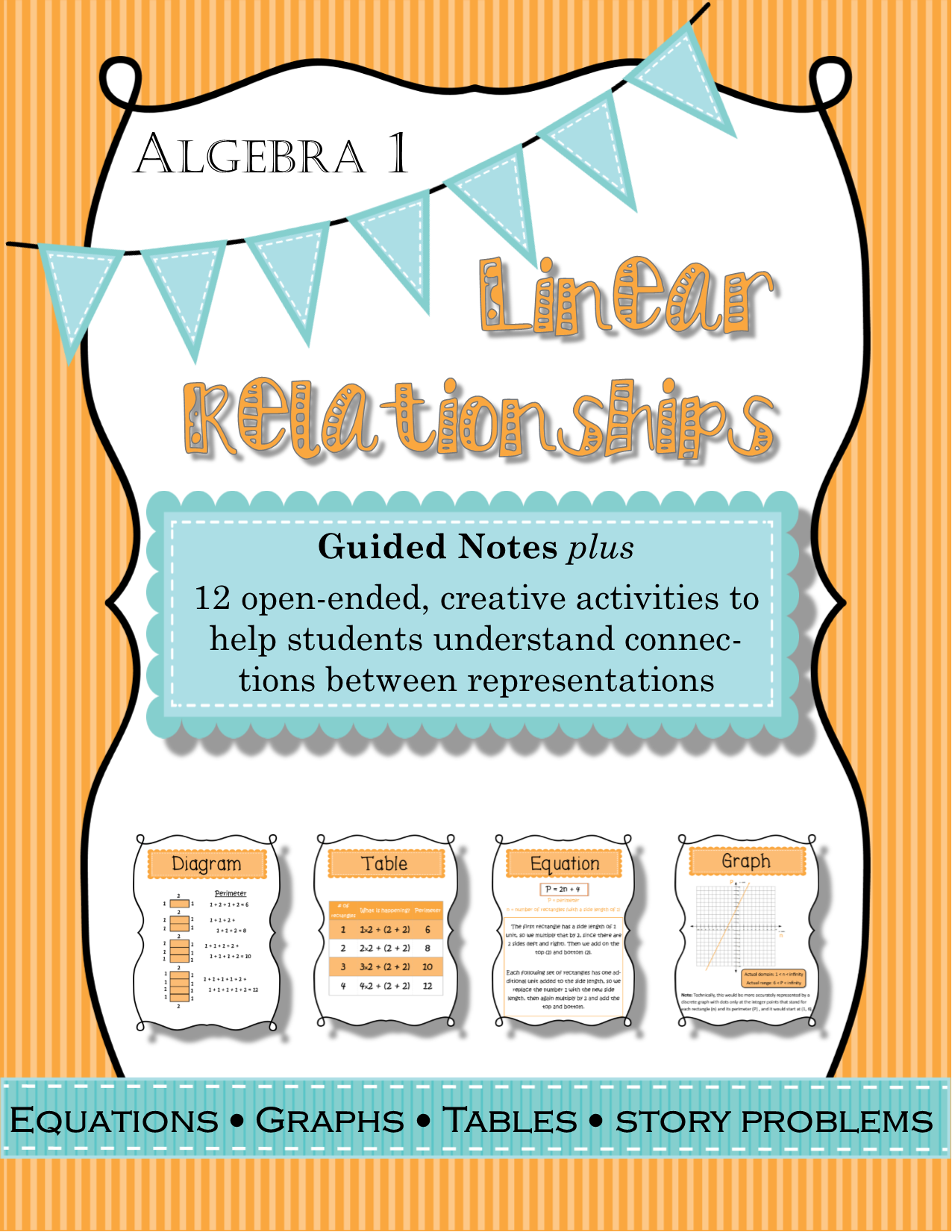lessons on linear relationships -- guided notes plus open-ended, creative activities to help students understand connections between representations