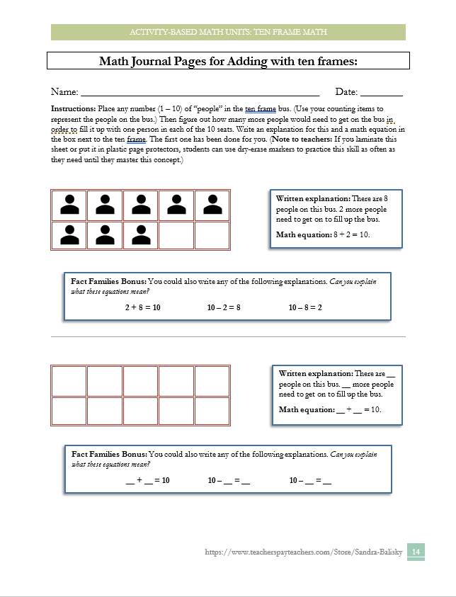 preview page for a 28 page activity-based lesson pack unit for Pre-K - 2nd grade math -- developing number sense and mathematical reasoning using ten frames