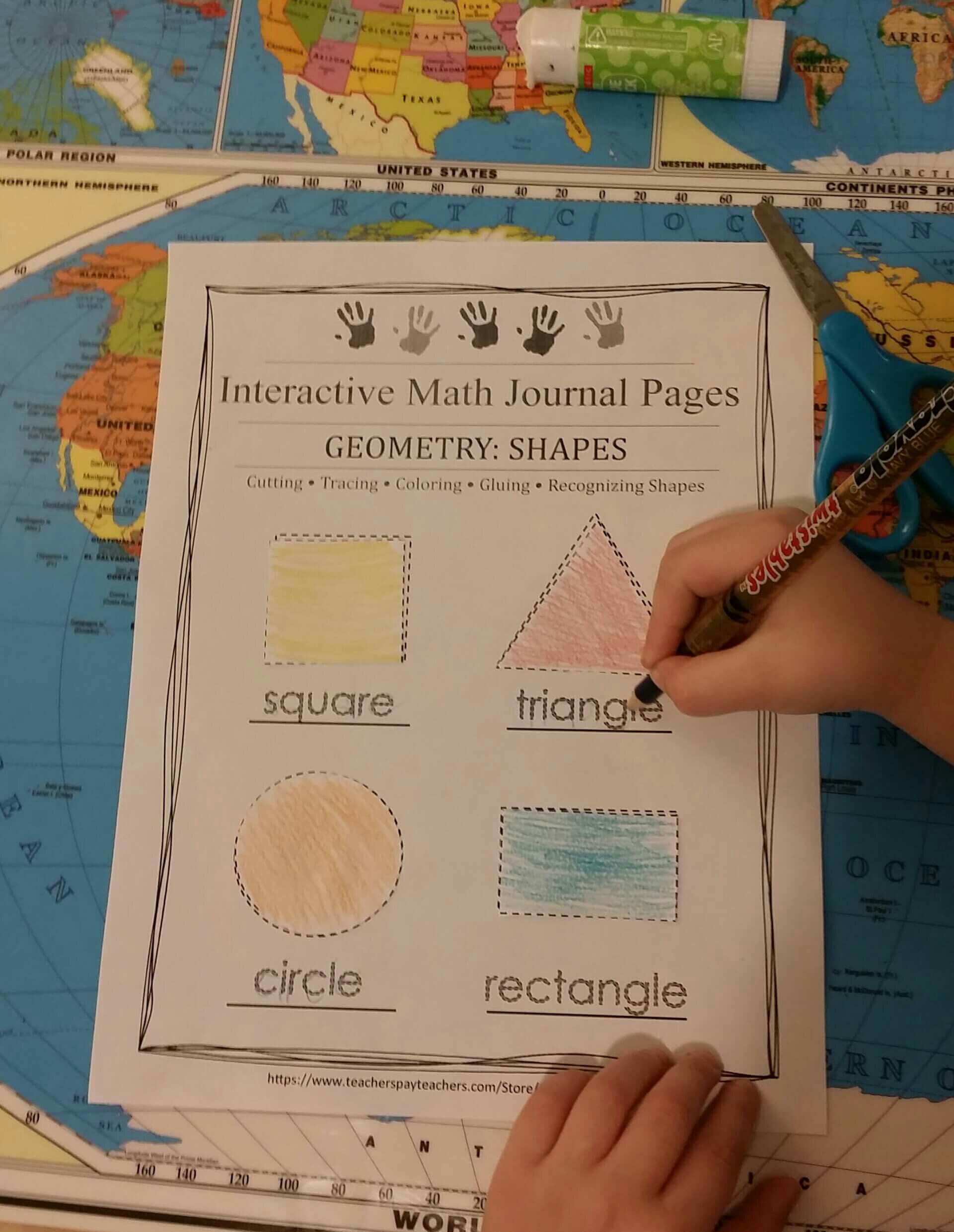 tracing letters and cutting out basic geometry shapes for a math journal page