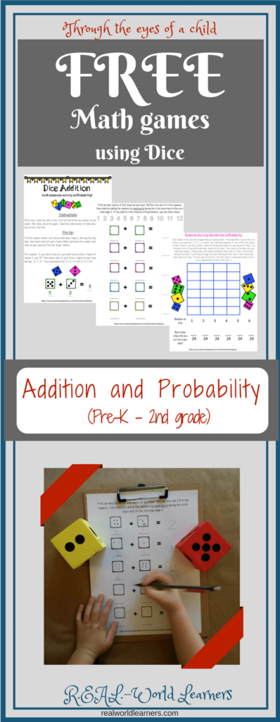 Preschool math with dice -- free printable math games for addition and probability