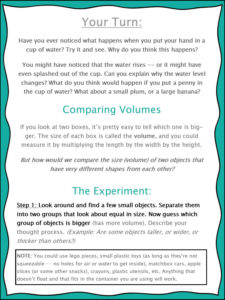 FREE PRINTABLE science experiment for finding volume using water -- differentiated for use with preschool through high school | great for science centers or math centers or multi-age homeschool groups - pg 4