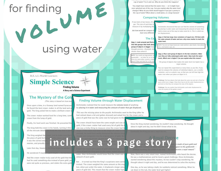 FREE PRINTABLE science experiment for finding volume using water -- differentiated for use with preschool through high school | great for science centers or math centers or multi-age homeschool groups