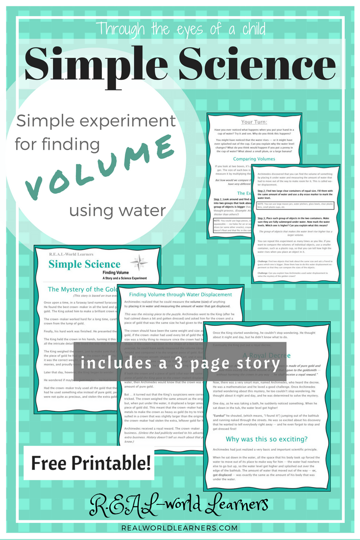 FREE PRINTABLE Science experiment for finding volume using water -- differentiated for use with preschool through high school | great for science centers or math centers or multi-age homeschool groups