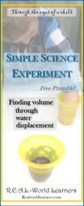 A simple science experiment about finding the volume of an object through water displacement -- includes a free printable in the series of posts