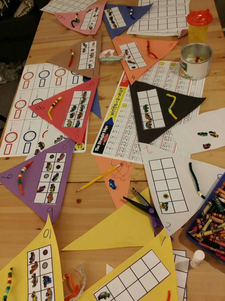 Preschool number activities banner with pony beads and ten frames