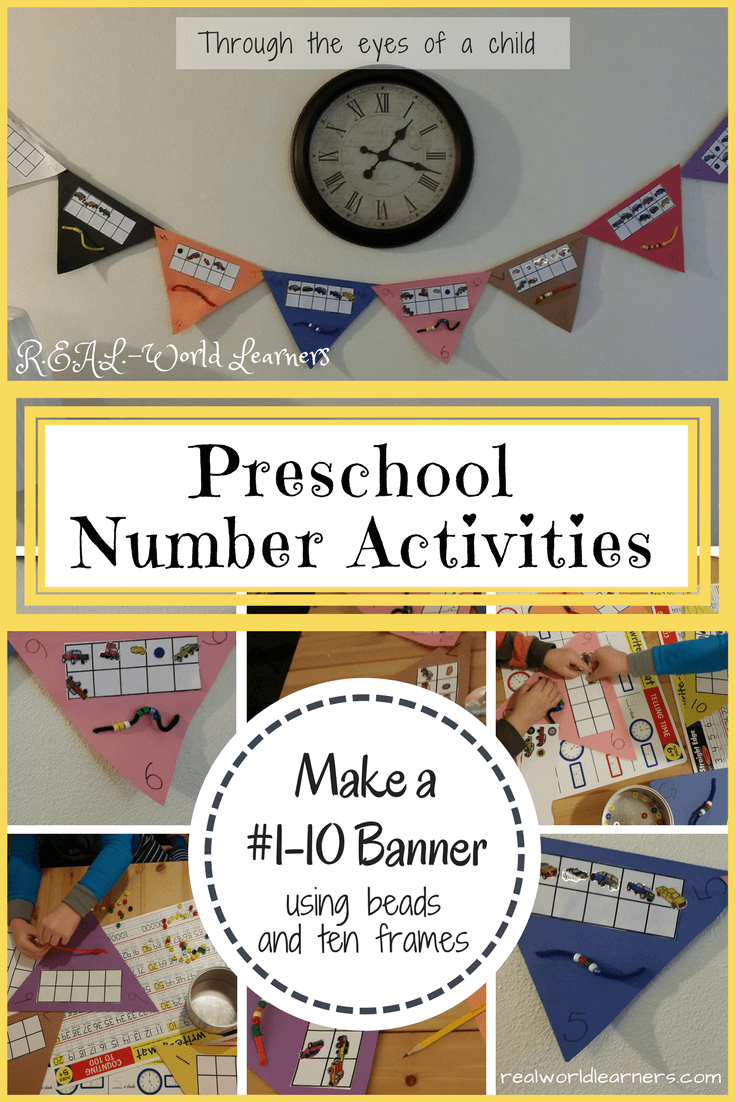 Preschool number activities - make a 1-10 banner using beads and ten frames