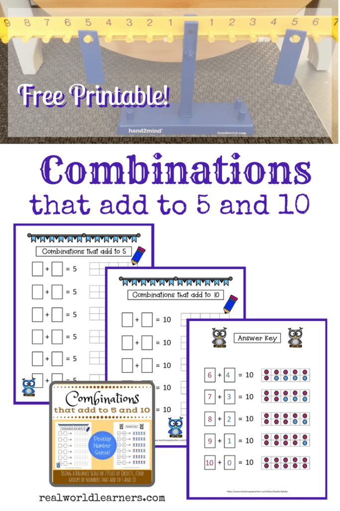 Combinations of 10 - Free printable activity to help kids develop a conceptual understanding of how equations work like balance scales, while discovering and recording combinations that add to 5 and 10