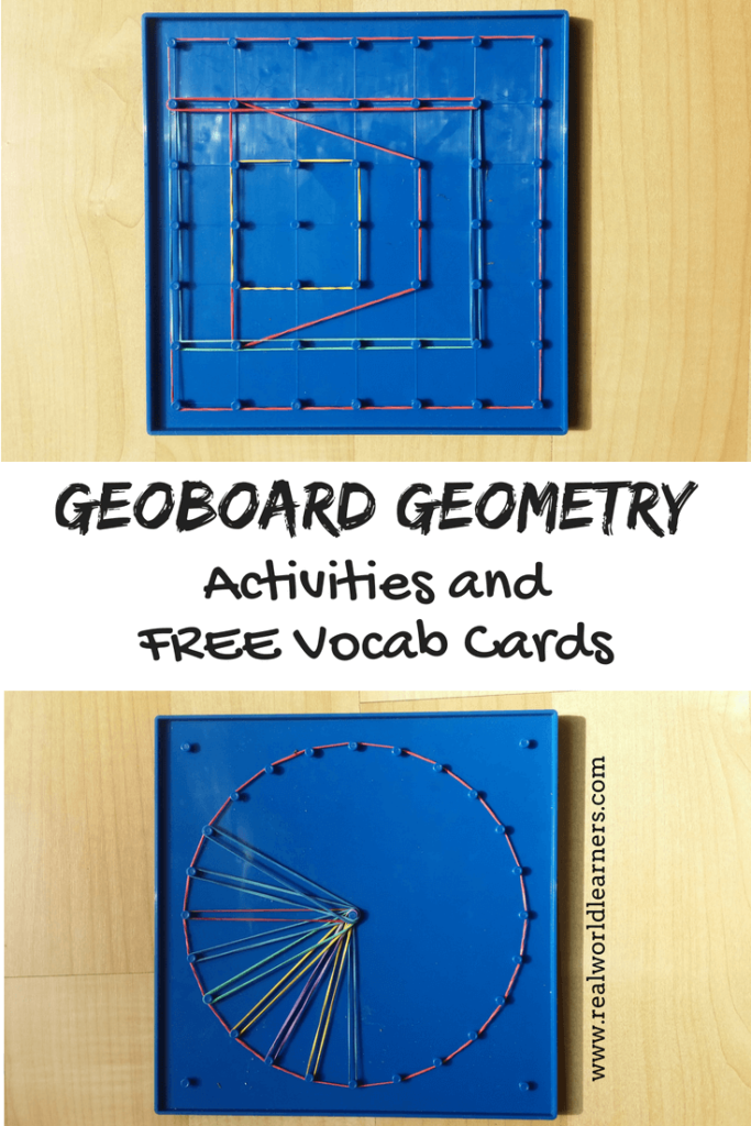 FREE PRINTABLE - Geoboard Geometry - activities and vocab cards to help kids learn fundamental Geometry concepts using a geoboard