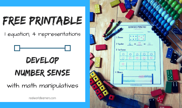 Manipulatives in Math; develop number sense using this free printable addition activity #Math #Addition #freeprintables #realworldlearners