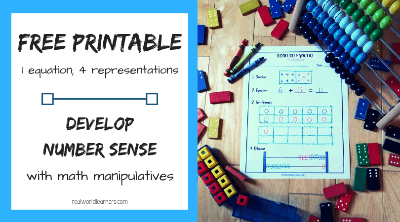 Manipulatives in Math; develop number sense using this free printable addition activity #Math #Addition #freeprintables #realworldlearners