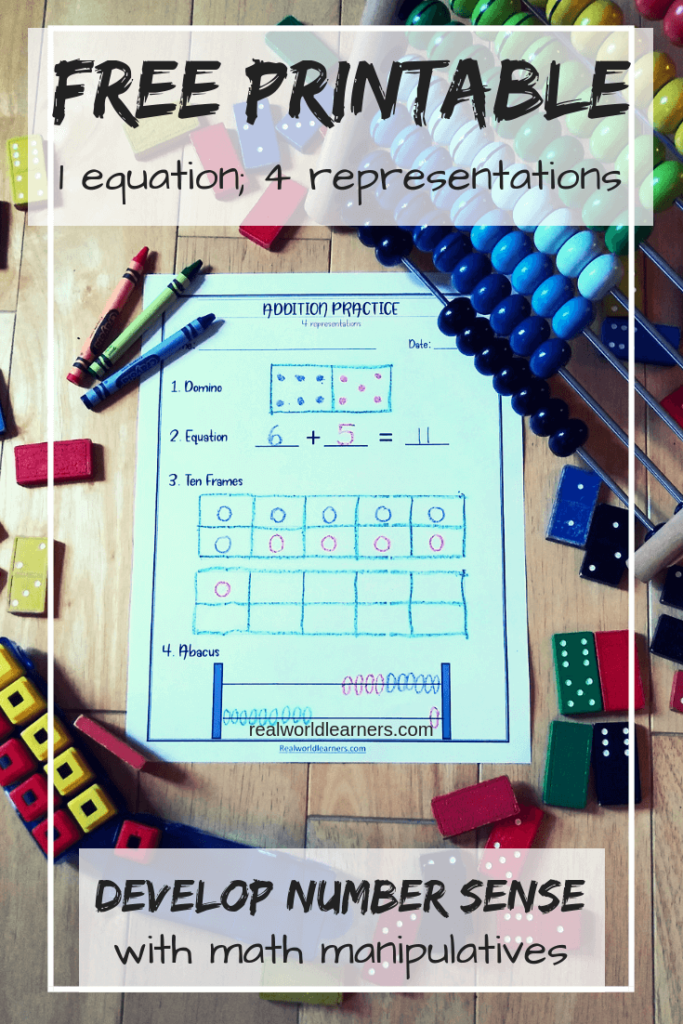 Manipulatives in Math; develop number sense using this free printable addition activity #Math #Addition #freeprintables #realworldlearners
