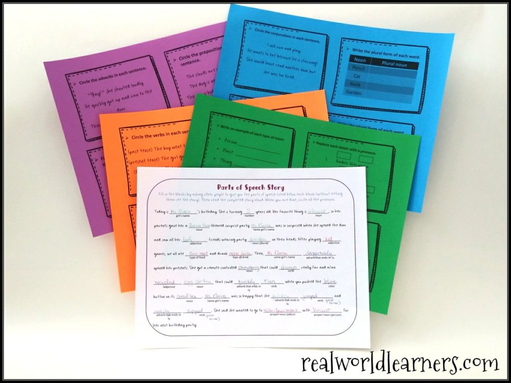 Parts of Speech for kids Lapbook with free mini-books - picture of task cards and story