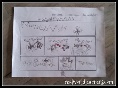 Blank comic strip template printable with story board and character sketches - great for creative writing practice with kids of any age!