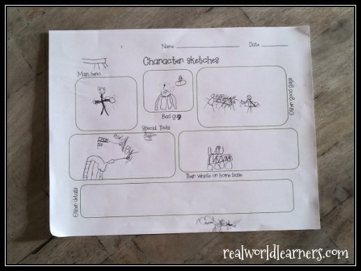 Blank comic strip template printable with story board and character sketches - great for creative writing practice with kids of any age!