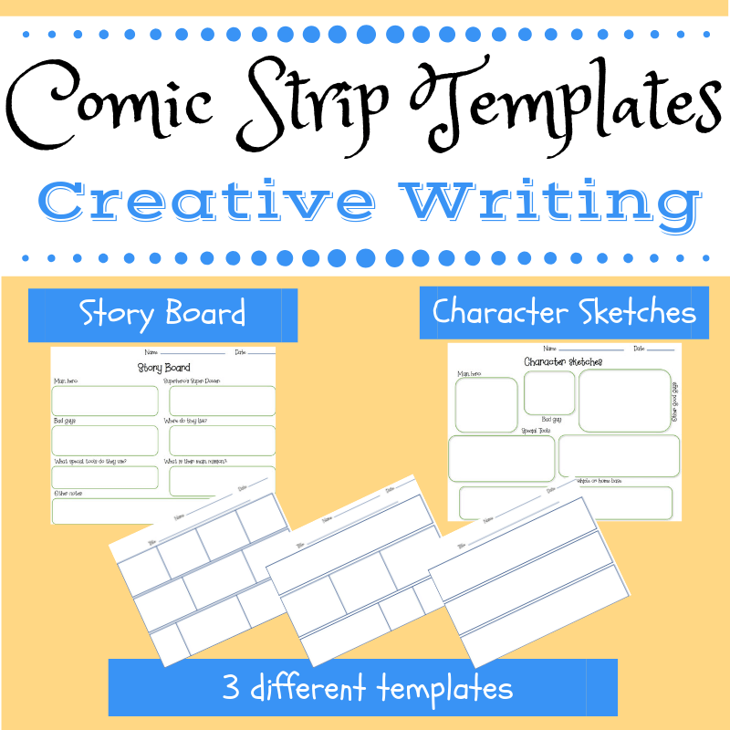 Blank comic strip template printable with story board and character sketches - great for creative writing practice with kids of any age! #creativewriting #comicstriptemplate #writingpractice #writingprompts #printables #realworldlearners