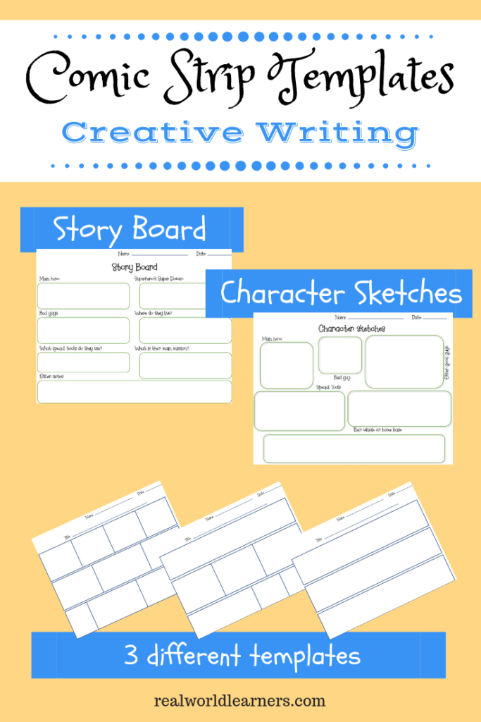 Blank comic strip template printable with story board and character sketches - great for creative writing practice with kids of any age! #creativewriting #comicstriptemplate #writingpractice #writingprompts #printables #realworldlearners