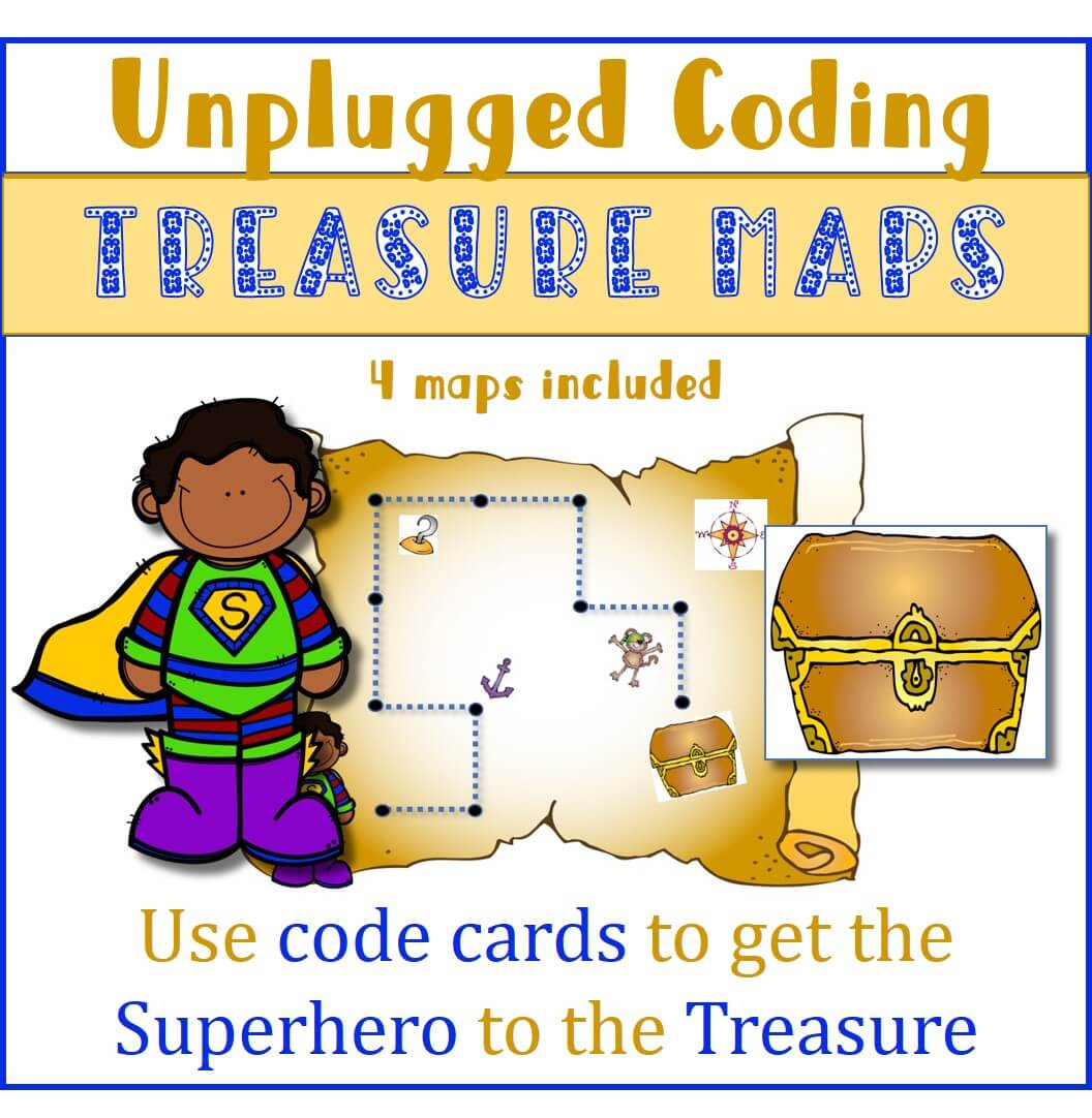 Unplugged Coding Activities - Treasure Map - Use code cards to get the Superhero to the Treasure